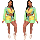 Echoine Colorful Patchwork Sexy Two Piece Outfits For Women Long Sleeve Tops+ Short With Zipper Pants Womens Tracksuit Set