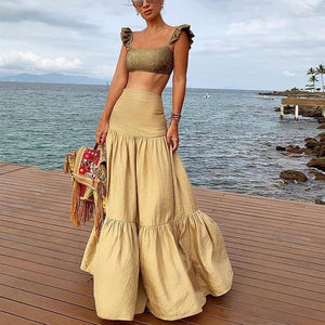 2019 Floral Print Two Piece Set Sleeveless Women Straps Beach Skirt Bohemian Suits Sexy Crop Tops And Maxi Skirt Set