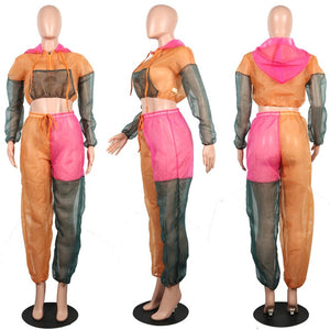 Adogirl Patchwork Mesh Tracksuit 2 Piece Set Sexy Women Sets Short Hoodie + Pants Set Fashion Female Suit See Through Outfits