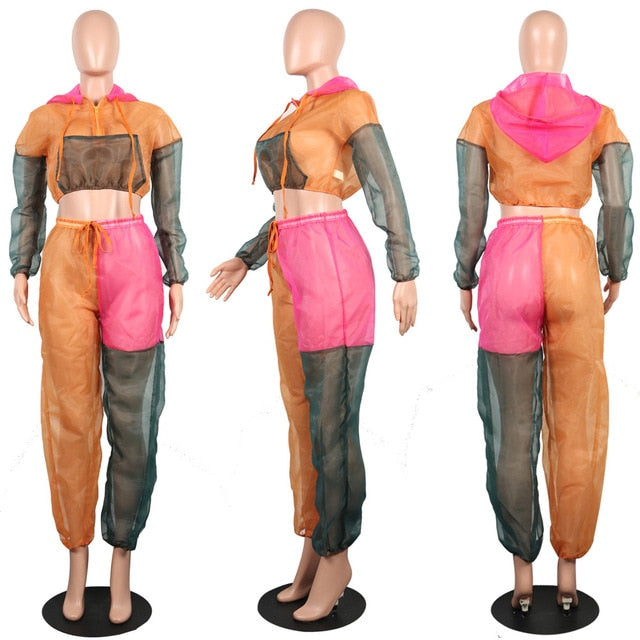 Adogirl Patchwork Mesh Tracksuit 2 Piece Set Sexy Women Sets Short Hoodie + Pants Set Fashion Female Suit See Through Outfits