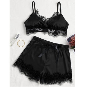 2PCS Set Women Sexy Satin Lace Sleepwear Babydoll Lingerie Nightdress Pajamas