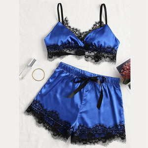 2PCS Set Women Sexy Satin Lace Sleepwear Babydoll Lingerie Nightdress Pajamas