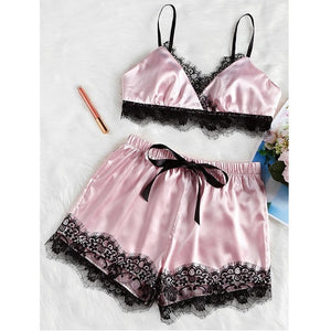 2PCS Set Women Sexy Satin Lace Sleepwear Babydoll Lingerie Nightdress Pajamas