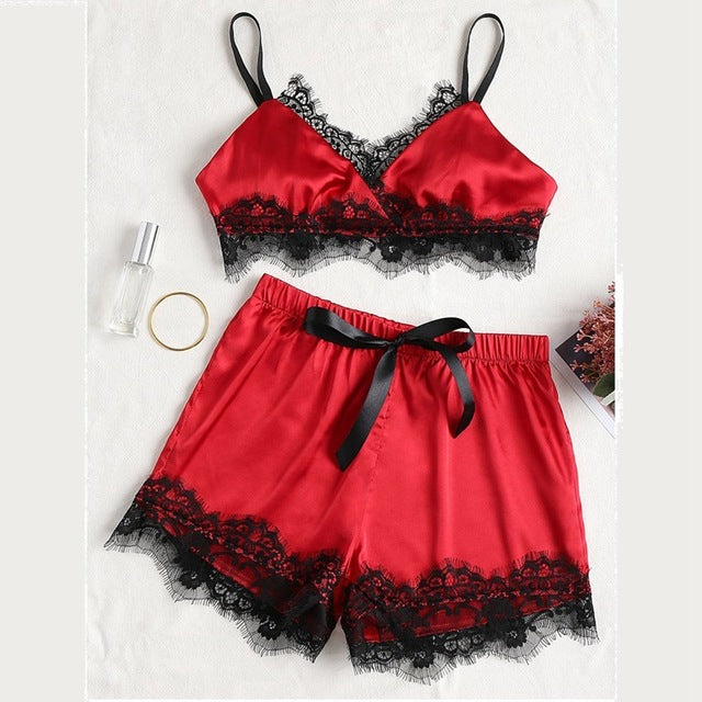 2PCS Set Women Sexy Satin Lace Sleepwear Babydoll Lingerie Nightdress Pajamas