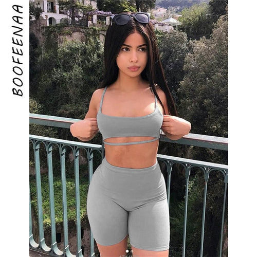 BOOFEENAA Sexy Short Two Piece Set Crop Tops and Biker Shorts Grey Black Bodycon Matching Sets Summer Clothes for Women C83-I71