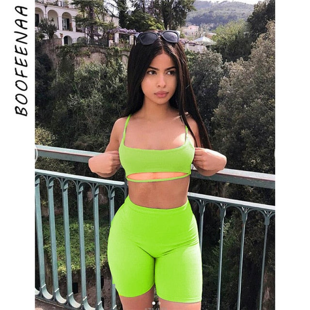 BOOFEENAA Sexy Short Two Piece Set Crop Tops and Biker Shorts Grey Black Bodycon Matching Sets Summer Clothes for Women C83-I71