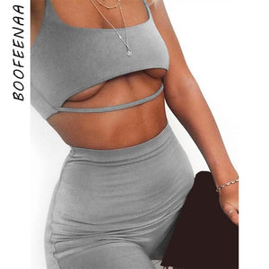 BOOFEENAA Sexy Short Two Piece Set Crop Tops and Biker Shorts Grey Black Bodycon Matching Sets Summer Clothes for Women C83-I71