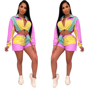 Echoine Colorful Patchwork Sexy Two Piece Outfits For Women Long Sleeve Tops+ Short With Zipper Pants Womens Tracksuit Set