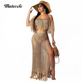 Mutevole Summer Short Sleeve Two Piece Tassel Sets Women Sexy Hollow Out 2 Piece Knit Set Crochet Crop Top and High Split Skirt