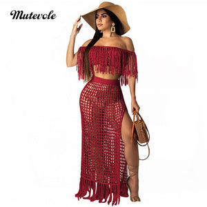 Mutevole Summer Short Sleeve Two Piece Tassel Sets Women Sexy Hollow Out 2 Piece Knit Set Crochet Crop Top and High Split Skirt