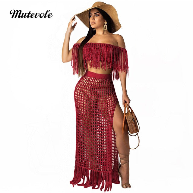 Mutevole Summer Short Sleeve Two Piece Tassel Sets Women Sexy Hollow Out 2 Piece Knit Set Crochet Crop Top and High Split Skirt