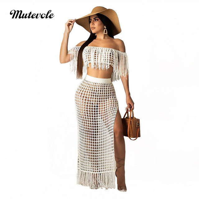 Mutevole Summer Short Sleeve Two Piece Tassel Sets Women Sexy Hollow Out 2 Piece Knit Set Crochet Crop Top and High Split Skirt