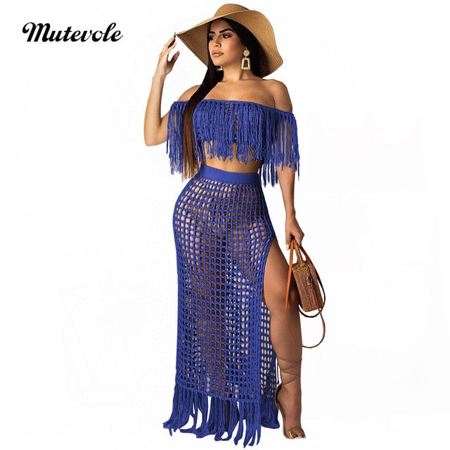 Mutevole Summer Short Sleeve Two Piece Tassel Sets Women Sexy Hollow Out 2 Piece Knit Set Crochet Crop Top and High Split Skirt