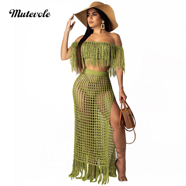 Mutevole Summer Short Sleeve Two Piece Tassel Sets Women Sexy Hollow Out 2 Piece Knit Set Crochet Crop Top and High Split Skirt