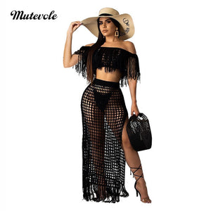 Mutevole Summer Short Sleeve Two Piece Tassel Sets Women Sexy Hollow Out 2 Piece Knit Set Crochet Crop Top and High Split Skirt