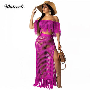 Mutevole Summer Short Sleeve Two Piece Tassel Sets Women Sexy Hollow Out 2 Piece Knit Set Crochet Crop Top and High Split Skirt