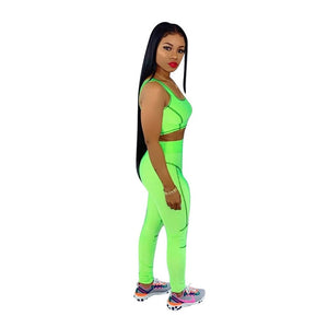 Summer Neon Green Orange Two Piece Set Women Sleeveless Vest Crop Top + Legging Pencil Pants Suit Sportwear Matching Set Outfits